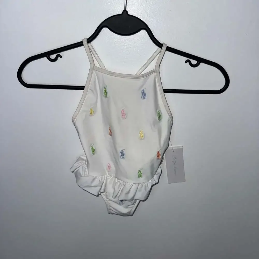 Ralph Lauren Baby Girl White Ruffled One-Piece Swimsuit Logos NWT
